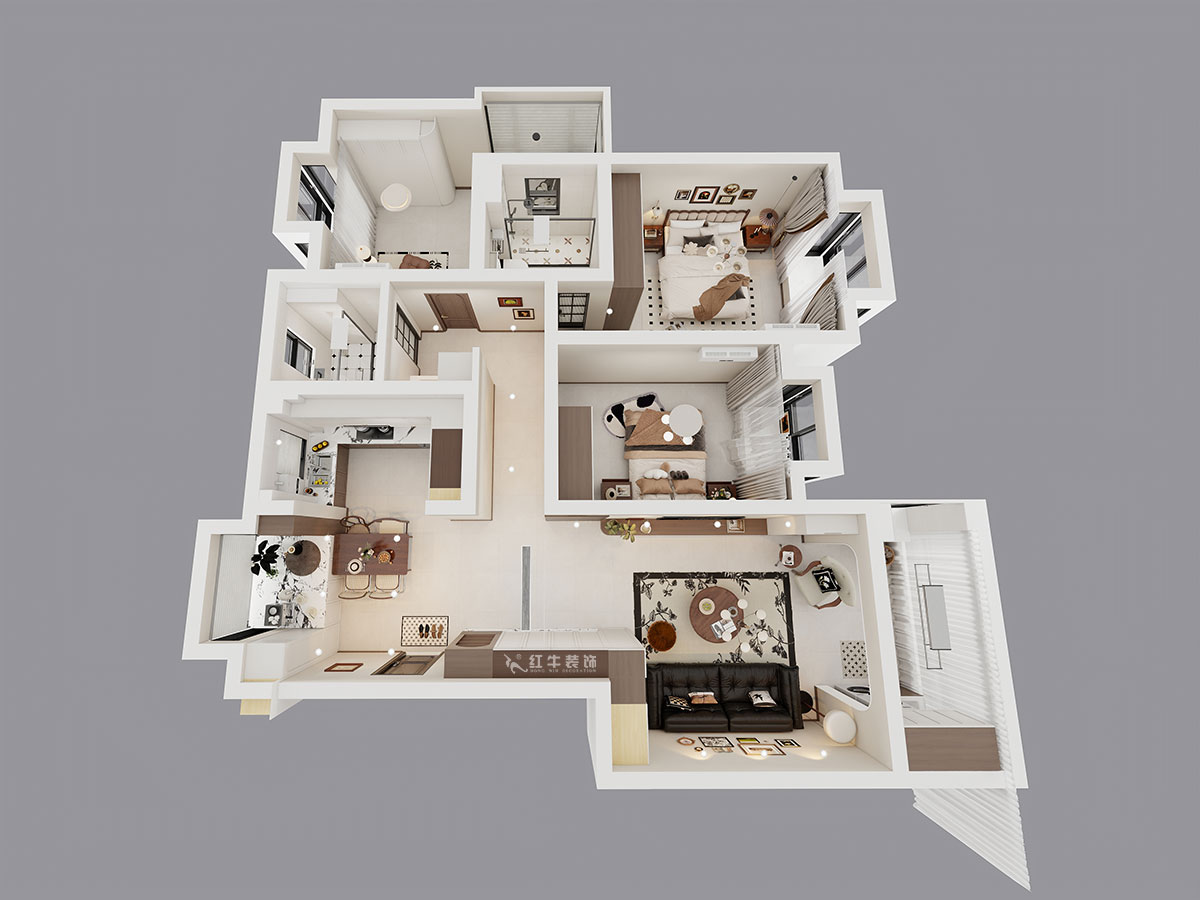 顾娟｜挪威森林13-501-125㎡-中古风｜3室2厅2卫｜旧房装修｜定制家｜全包17万｜00_05鸟瞰图